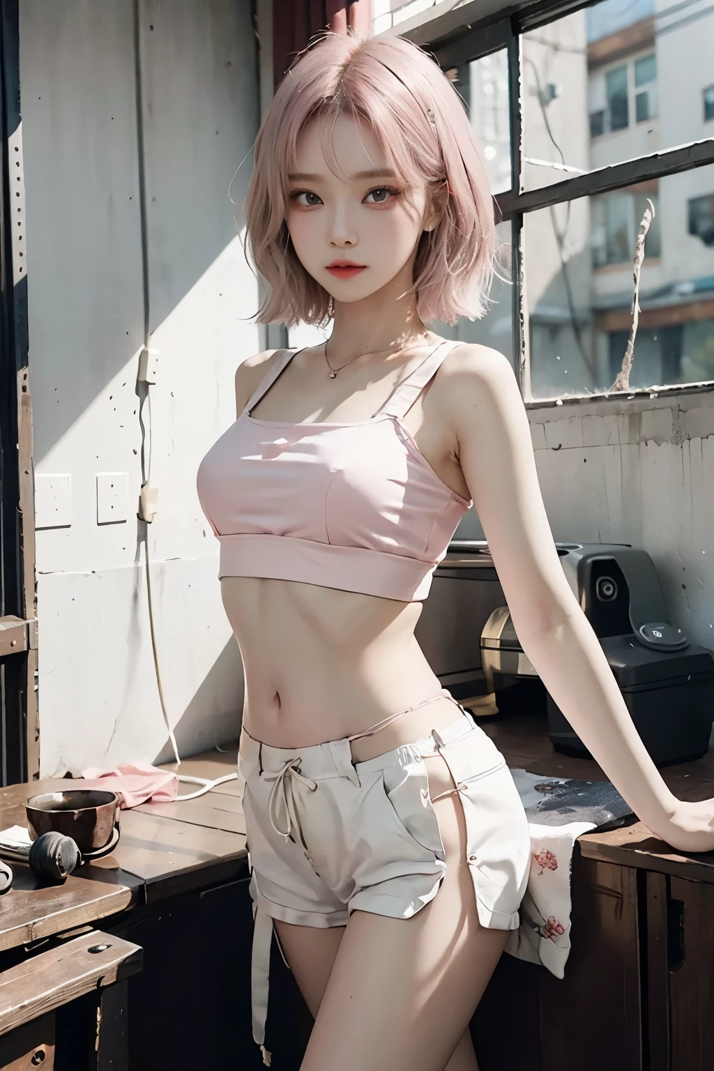 Top image quality、Raw photography、超A high resolution、Cute girl at 19 years old、Shooting for one person only、big round chest、Black tank top、Beautiful Eyes of Details、very elongated eyes、Beautiful eyelashes、Beautiful double eyelids、white walls、Beautiful waist、Beautiful legs、a short bob、slender physique,very tiny tits,Small breasts,Are thin,Flat Chest,Small Bust,Small hip,not nsfw,A piece of light pink cotton fabric,No makeup,No lip,No eyeliner,Beautiful looks,Beautiful face,Pink Silver Hair,Short Bob Hair,Makeup-free prostitute,flattery,Slightly tanned skin tone,Hot summer sunlight,Healthy images,Safe images,Bra like a string,Owner of a beautiful voice,A beautiful girl with high physical abilities who can perform intense dance moves.,Innocent look,pure,active character,Cheerful personality,Free-spirited personality,