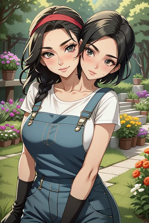 2heads, a tall thin woman with two heads. She is outside in a garden, she is gardening. She is very tall. She is very skinny. She has short black hair in a bun. She looks mature. She has very thick full lips. She is wearing overalls with a colorful T-shirt underneath, and gardening gloves. She is wearing a bandana on her head. She is smiling. She is blushing. She looks sweaty and tired. Mature, milf.