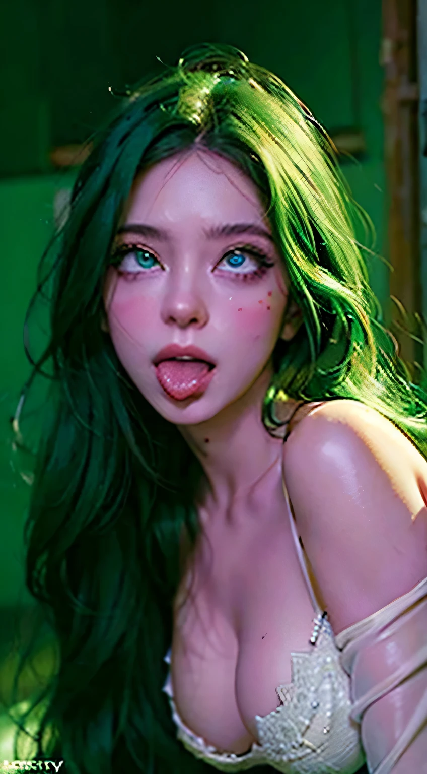 Best Quality, Masterpiece, Ultra High Resolution, (Realisticity: 1.4), Original Photo, 1Girl, Green Eyes, Off-the-Shoulders, Cinematic Lighting, rolling eyes, ahegao, ahg, tongue out