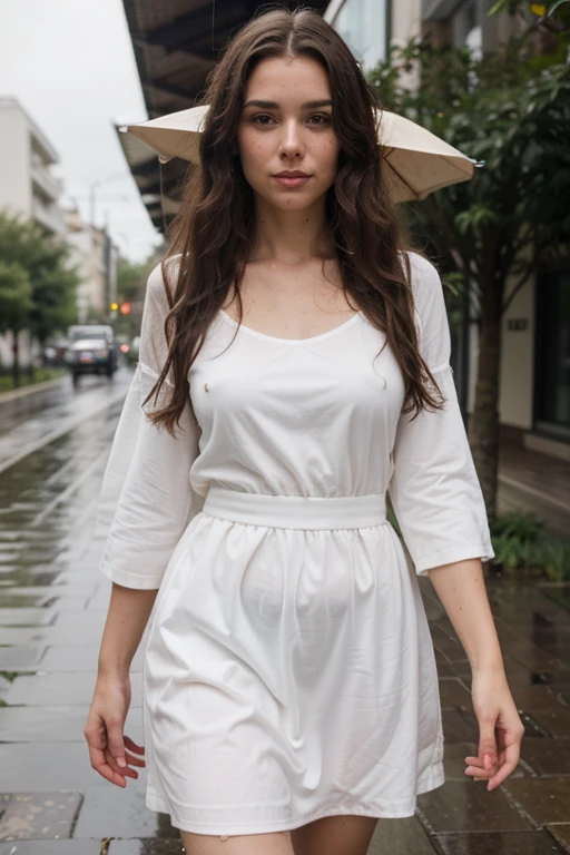 ((best quality)), (detailed), perfect face, full body, white woman with long curly brown hair, white dress, outside in rain wet
