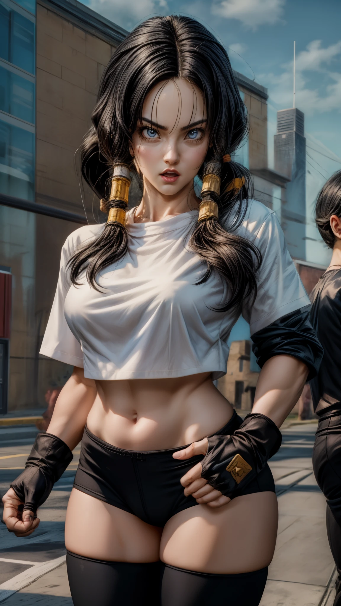 top-quality, 8K, ultra-detailliert, Photorealsitic, close up of face, ​masterpiece, top-quality, hight resolution, dragon balls, whiteshirt、black under wear, Looking here and standing、biologically correct、Opening Mouth、Punch, A dark-haired、low twintails、The eye、Background in the city、Thin eyebrows、Wearing black spats, Writing on clothes, Black fingerless gloves, Large breasts, thick thighs, curvy hips, plein air, cowboy  shot, Best eyes, The best lighting, Best fingers, 5-Fingers