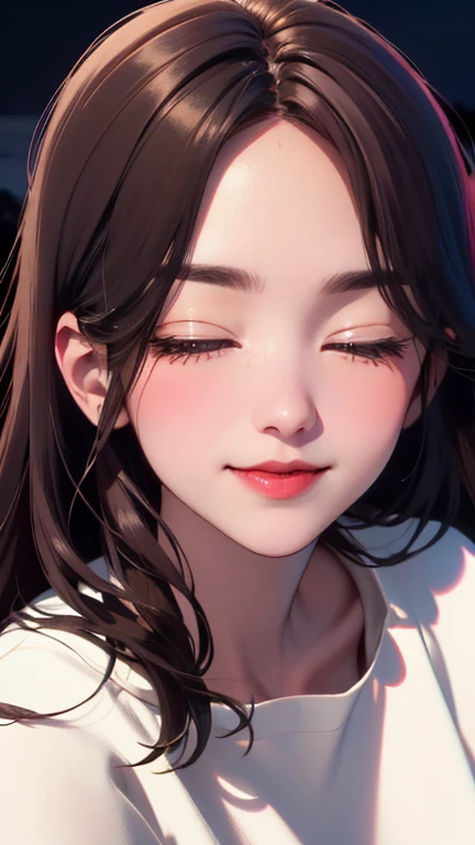 Blushing lightly and smiling, (Top quality masterpiece:1.2) Delicate illustrations, Very detailed, /Beautiful woman Japan in her 30s、1 person,Very cute and slim、Excellent style 、((8K images、super high quality))、Very delicate face, Skin and Hair、Red lipstick、Long Hair、beautiful forehead,(((((Gradient Hair、Brown Hair))))),Very cute Japanese cut face、Eyes and nose are clearly visible、Kind eyes,(((White blouse、Tight Skirt)))、Night view