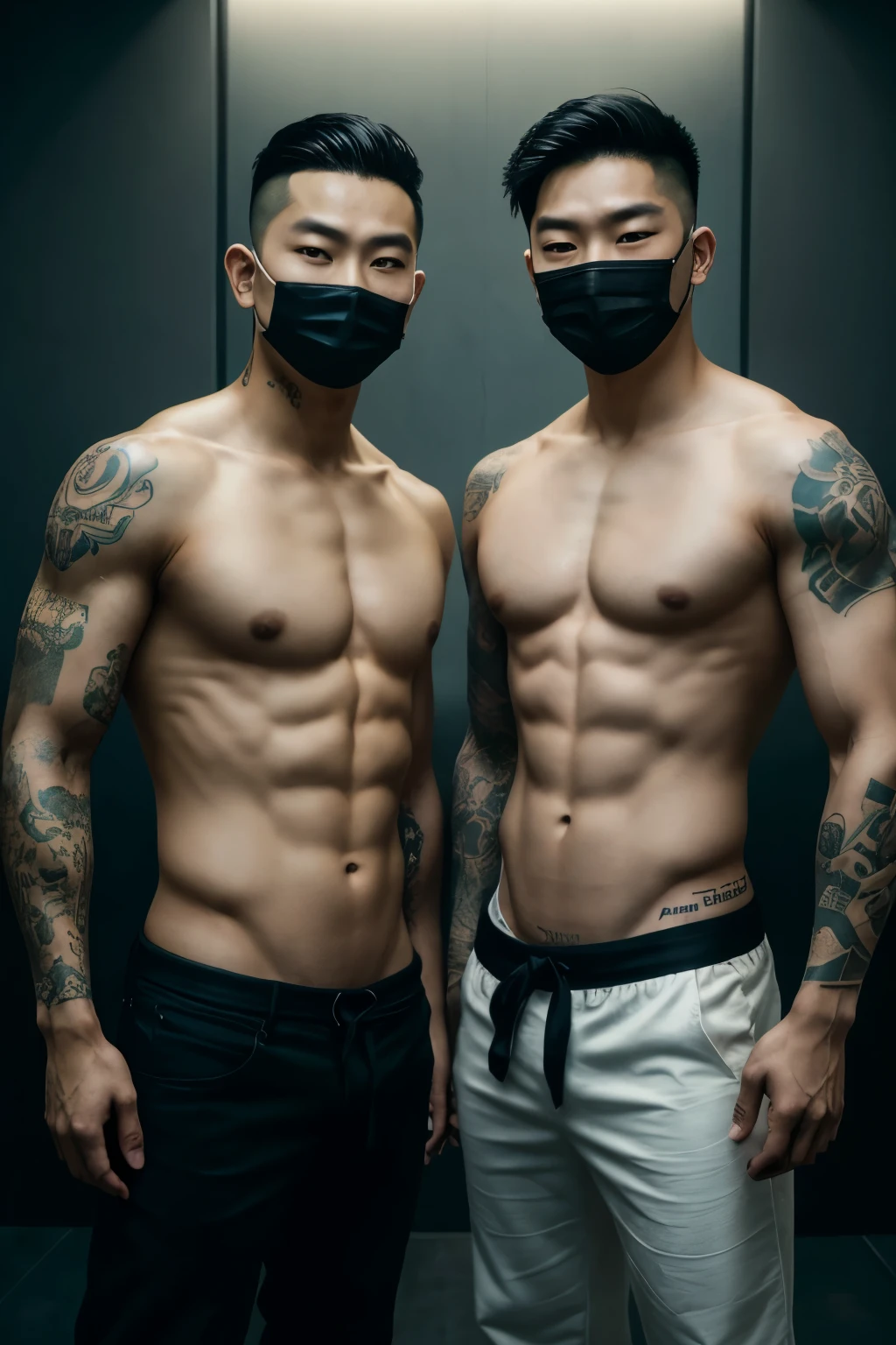 Two Asian men with tattoos and masks on their faces, alessio albi and shin jeongho, jin shan and ross tran, roberto ferri and ruan jia, ross tran and bayard wu, ruan jia and brom, yiqiang and shurakrgt, two muscular men entwined, inspired by Wang Duo