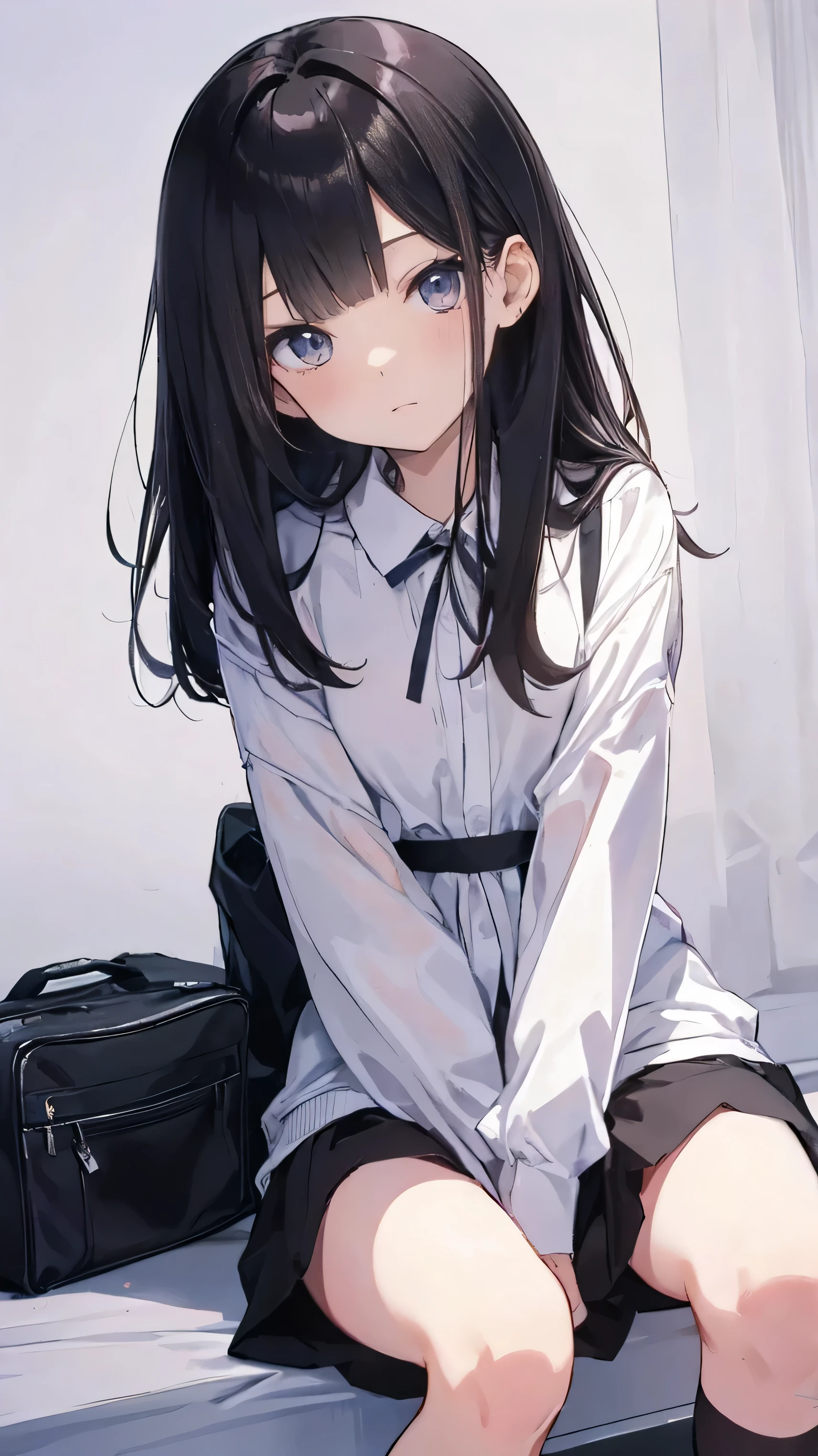 Masterpiece、Highest quality、highest quality、Black Hair、(((Lori)))、 ((Petite))、Shiny hair quality、Small face、Sitting、Super detailed, beautiful, wide eyes、Ultra-detailed, clear and beautiful faces、(cute illustration:1.2), High-resolution, ultra-detailed, best quality, embarrassed