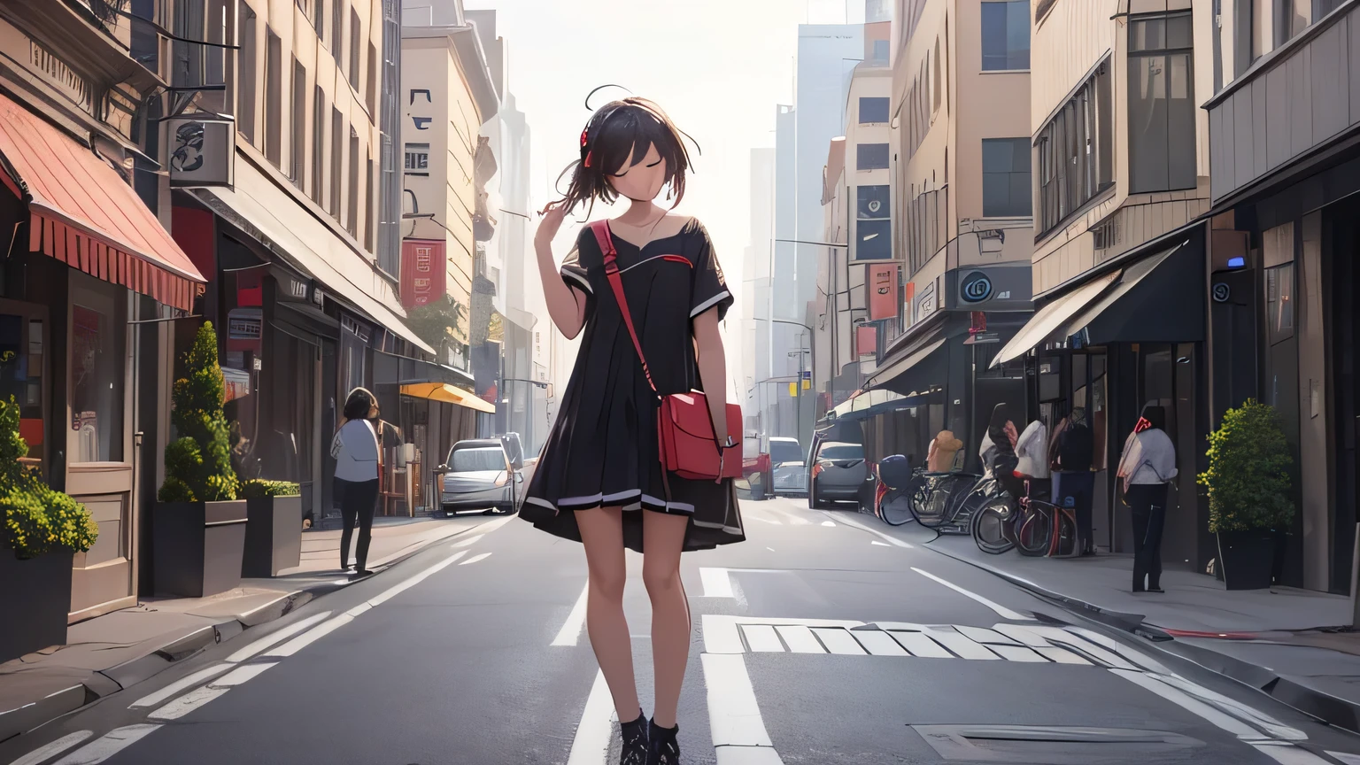 My hair is swaying in the wind、Eyes closed and headphones on。Bustling street corner