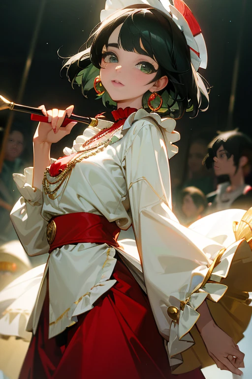 Gypsy with green eyes and black hair, White blouse with gold medal and red skirt with frills, Shell Necklace.Gazing at the audience、Sharp eyes、Clean your eyes、Lip gloss、