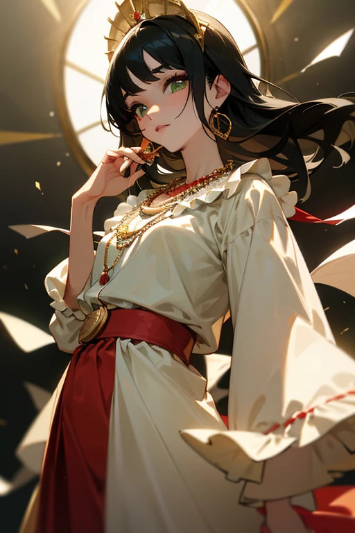 Gypsy with green eyes and black hair, White blouse with gold medal and red skirt with frills, Shell Necklace.Gazing at the audience、Sharp eyes、Clean your eyes、Lip gloss、