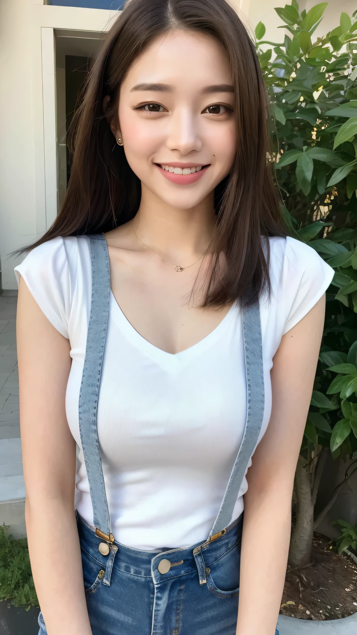 ((Realistic, high definition: 1.2)), 1 girl with a charming smile: 1.4, White top: 1.1, Suspender jeans: 1.1, Direct gaze into the camera: 1.3, Revealing authenticity: 1.5, Detailed facial features: 1.3, Expressive eyes: 1.2, Casual attire: 1.1