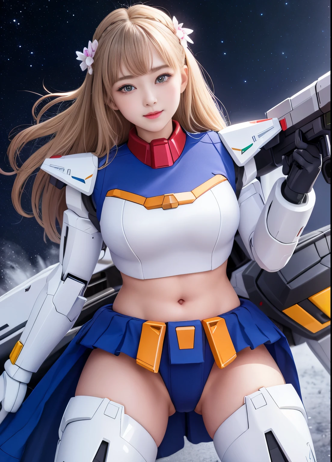 (highest quality)、(masterpiece)、detailed、realism、Mobile Suit Gundam F91 personification、SD Art、Great highlights on the upper body, Powerful Mech, Beam rifle, girl, 22 years old, , Beautiful Eyes, Sharp jaw,、Moisturized lips、smile, Flower Hair Ornaments、Absolute area, belly button、Wet slightly thick thighs、A little chubby、Loincloth、Very affectionate love relationship、Spread your legs、Pussy、universe, Enemy battle scene,Be enchanted by amazing beauty、