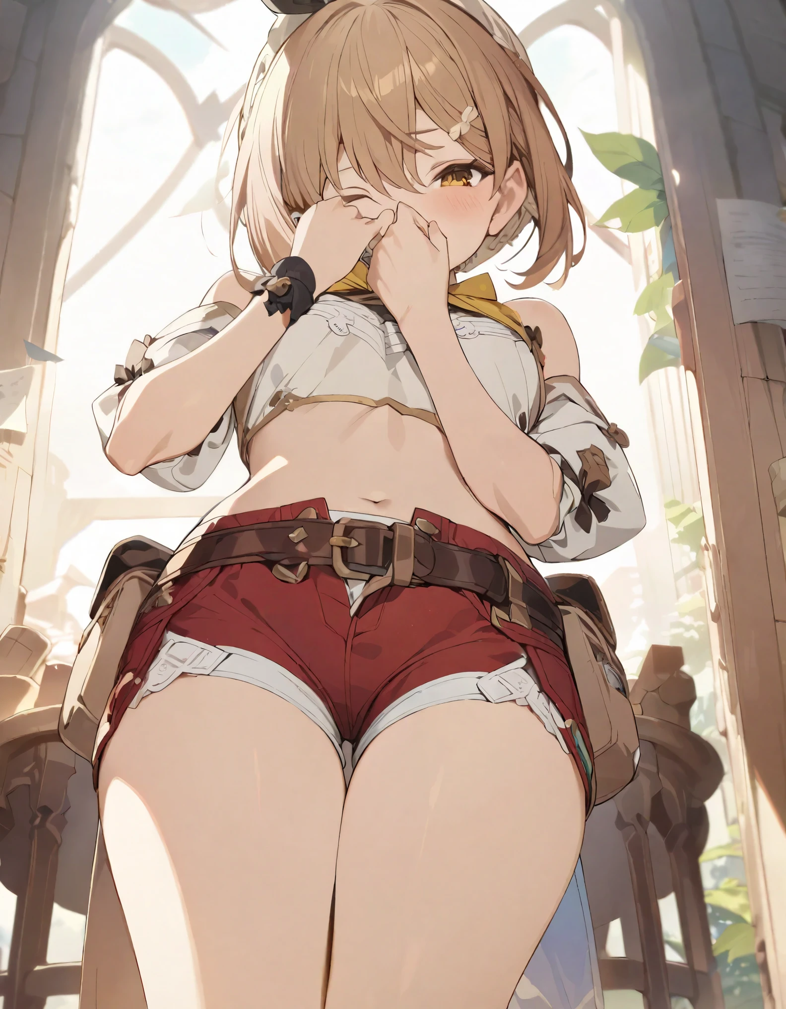 Atelier Ryza, short hair, Reisalin Stout, thigh gap, thighs, red shorts, short shorts, 1girl, masterpiece, best quality, ultra-detailed, perfect composition, intricate details, filled yellow smoke,
(best quality,masterpiece:1.5),absurdres,highres,8k, ultra high res, official art,illustration,extremely detailed, {{{covering face with hand}}}, standing, winking eye, one eye closed , side view, looking down