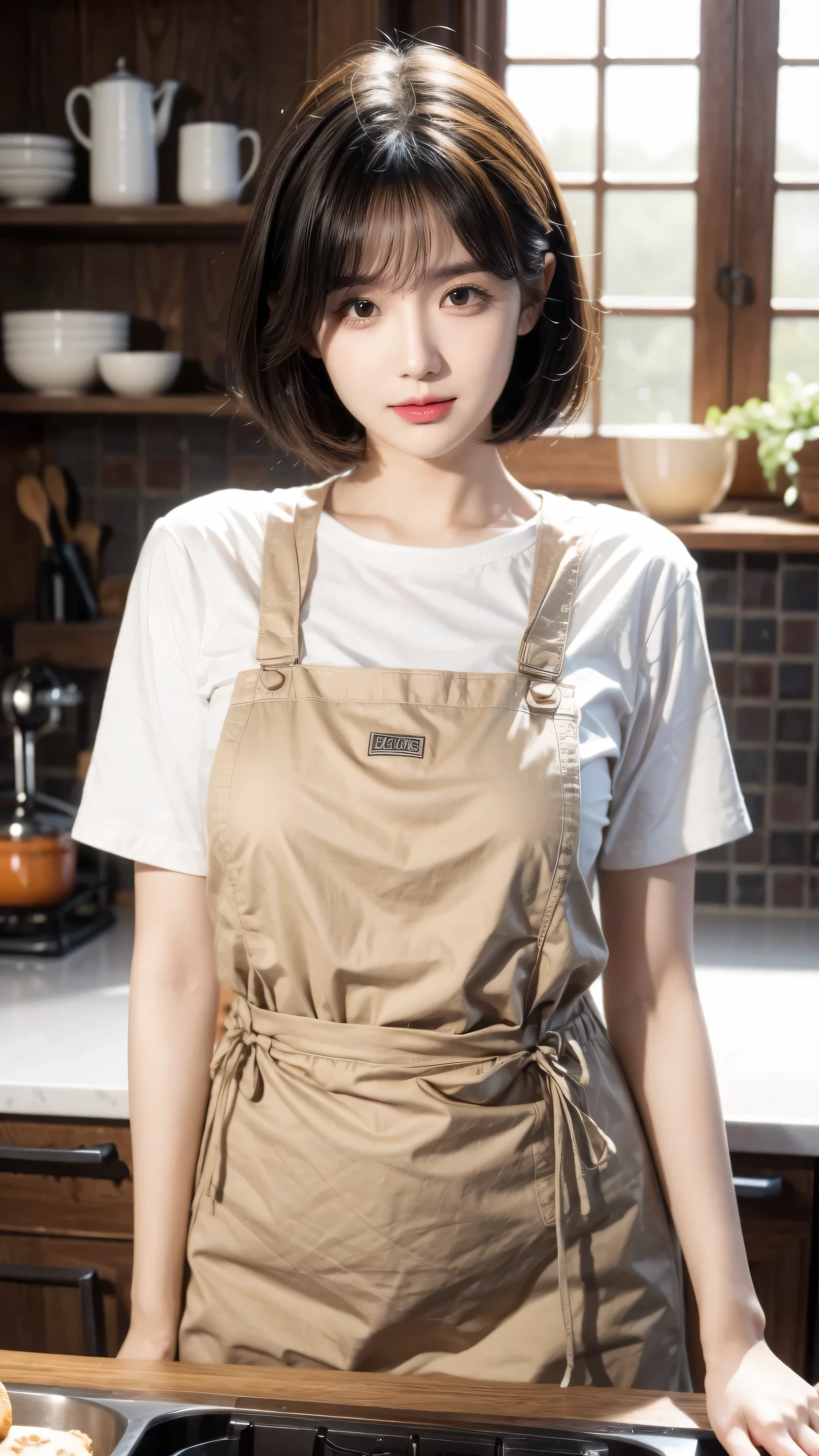 Close-up portrait of a girl, Bob, apron, amazing body, Obvious feminine features, plump, kitchen, [Ash Gold | ginger | Pink Hair], freckle, Flirting with the camera