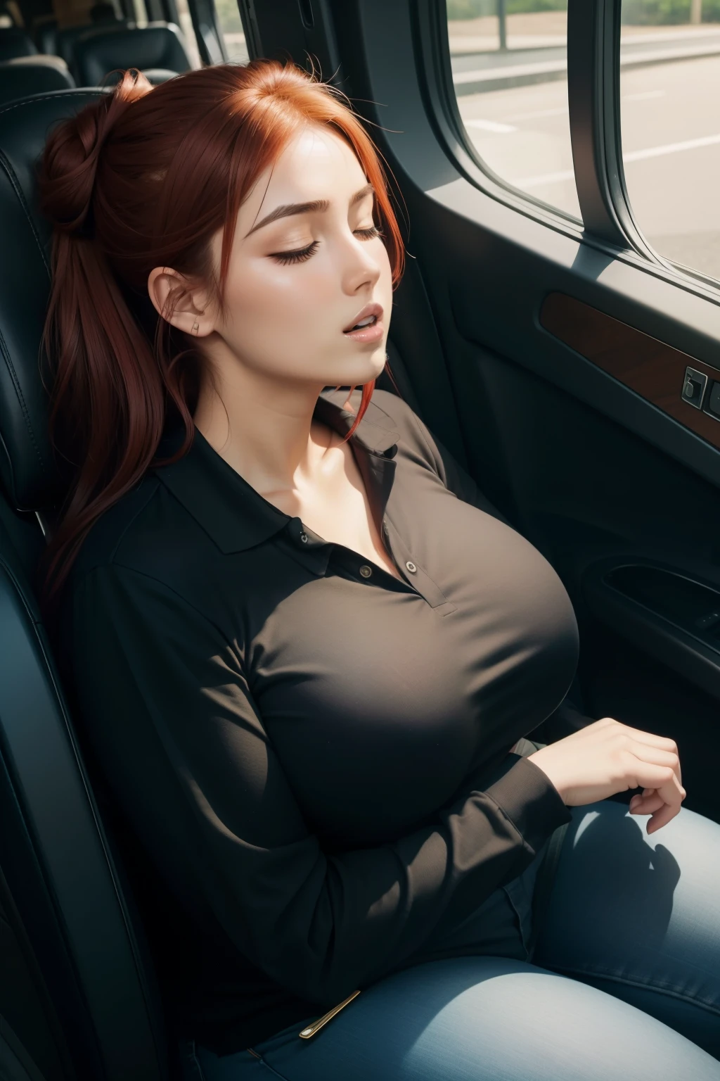 1 beautiful woman, drooling, sleeping with her mouth open, lips open, sleeping sitting on the bus seat, red hair, all hair tied up with a hair clip in a single bun, black long-sleeved polo shirt with little gold circles on the sides shoulders, neckline that shows her breasts a little; big blue wallet, curvy woman; chubby woman, outlined eyes, long jean pants, eyes closed, head resting on the seat, sitting near the window, head raised up with open mouth, eyes closed, Lucy Pinder, karen fukuhara, mouth open