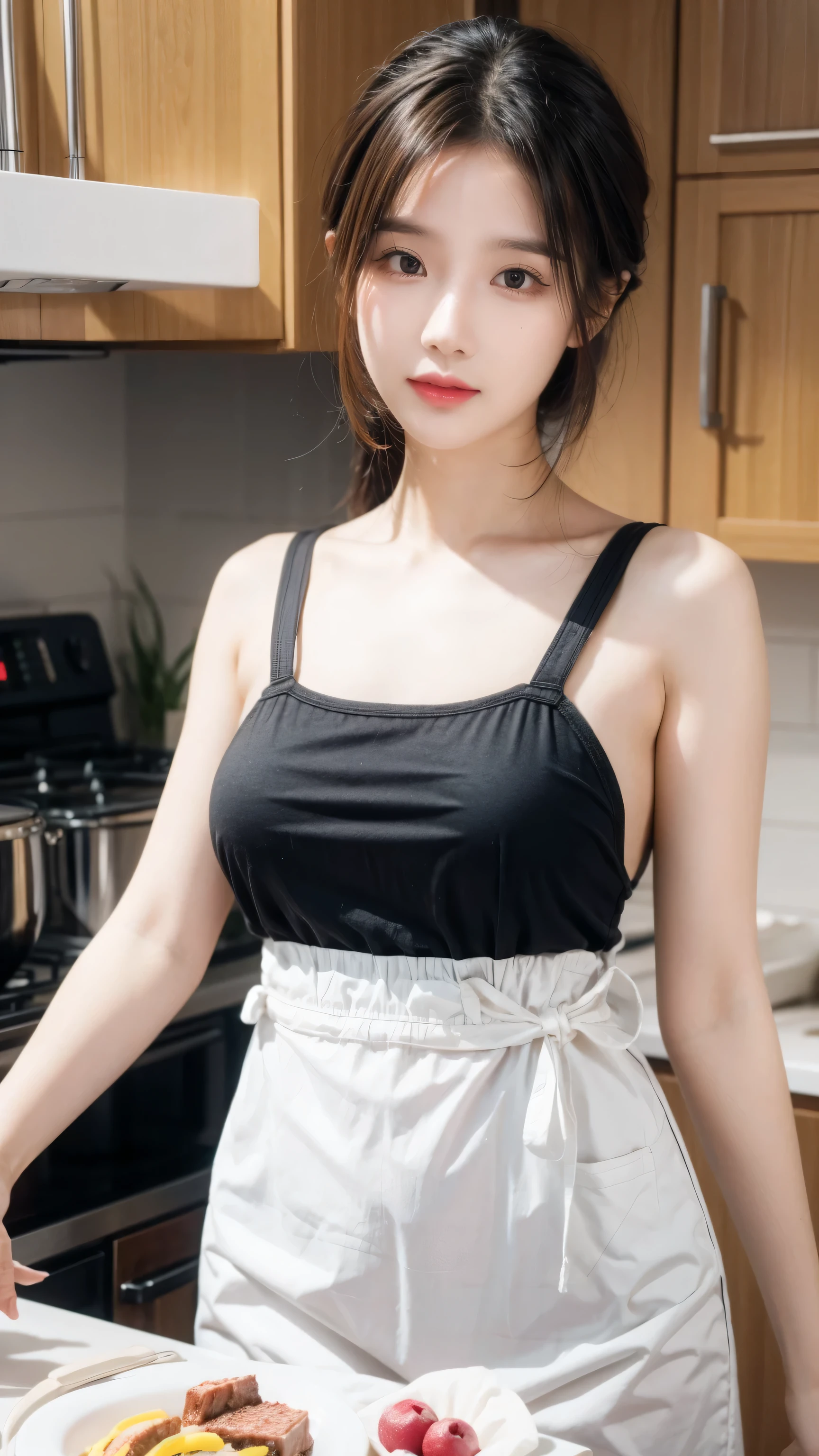 Close-up portrait of a girl, Bob, apron, amazing body, Obvious feminine features, plump, kitchen, [Ash Gold | ginger | Pink Hair], freckle, Flirting with the camera
