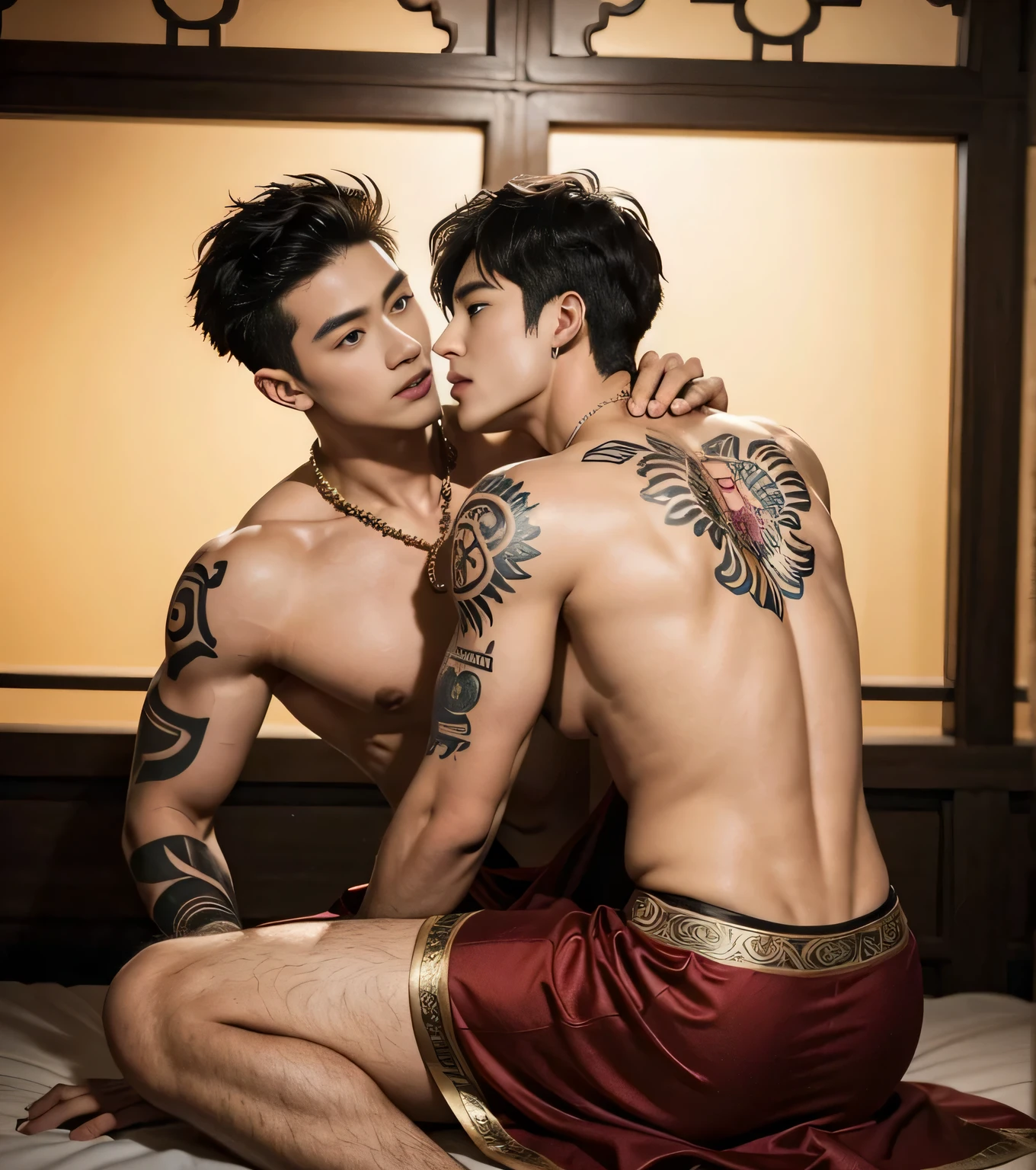 Two  handsome boys kissing, smiling at each other,hugging, kissing, touching lips, cuddle, romantic,skin ship, full body shoots. Chinese Men God, Mythology, realistic, Chinese odyssy, super Handsome,manly,  kpop idol, handsome korean actor, 20 years old,, detailed face, manly jawline, detailed mess curly styling hair,  Topless, Muscles, big breast Athlete body, Full Frame,full body shoots, Sexy, realistic, human skin, tattoo breast, Professional studio Lighting, long red tibet wedding Outfit, jade and golden pendent all over , detailed jewery in dress, earings,Chinese ancient wedding Background,out door, super detailed background,look at camera ,  open mouth, sexy Underneathe Underwear, tibet Warrior, Hanfu  red wedding dress,  tibet Male, tibet Nobel, Seduce , bare chest , tattoo chest, tattoo arms, tattoo hands, tattoo back, tattoo legs , big juicy butts.