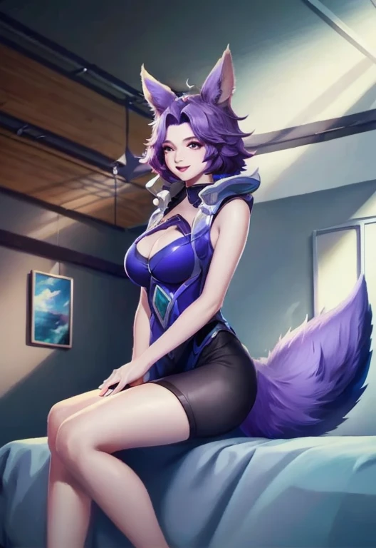 Fan Qi, league of legends splash art, a detailed painting, sots art, 1girl, animal ears, ((big breasts:1.21)), cleavage, short hair, looking at viewer, (((indoors:1.33))), purple hair, sitting, sky, soaking feet, tail, siiting on the bed, (masterpiece, best quality:1.5), smiling, 