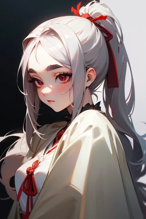 (highest quality, masterpiece:1.2), High resolution, Very detailed, Realistic:1.37, Fantasy, An illustration, Hair is whiteいです、Red eyes、Queen, White Dress.Platinum decoration、beautifully、Eyeshadow Red、Thick eyebrows、Long eyelashes、pupils are black、Hair is whiteい、Kissing Face、Embarrassing、Loved、ponytail、Hair is white、