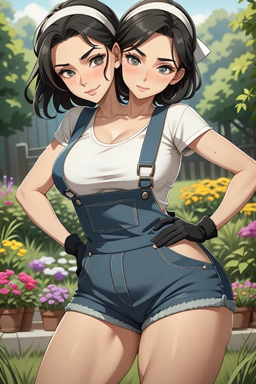 2heads, a tall thin woman with two heads. She is outside in a garden, she is gardening. She is very tall. She is very skinny. She has short black hair in a bun. She looks mature. She has very thick full lips. She is wearing overalls with a colorful T-shirt underneath, and gardening gloves. She is wearing a bandana on her head. She is smiling. She is blushing. She looks sweaty and tired. Mature, milf. Flirty, flirtatious expression, flirty pose. Sweaty, sweating.