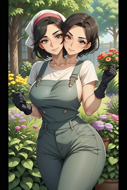 2heads, a tall thin woman with two heads. She is outside in a garden, she is gardening. She is very tall. She is very skinny. She has short black hair in a bun. She looks mature. She has very thick full lips. She is wearing overalls with a colorful T-shirt underneath, and gardening gloves. She is wearing a bandana on her head. She is smiling. She is blushing. She looks sweaty and tired. Mature, milf. Flirty, flirtatious expression, flirty pose. Sweaty, sweating. 