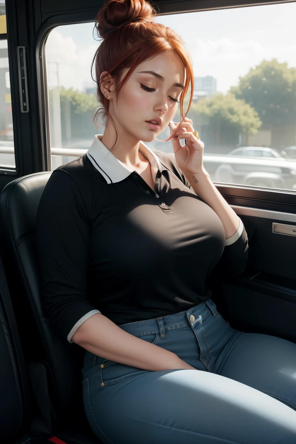 1 beautiful woman, drooling, sleeping with her mouth open, lips open, sleeping sitting on the bus seat, red hair, all hair tied up with a hair clip in a single bun, black long-sleeved polo shirt with little gold circles on the sides shoulders, neckline that shows her breasts a little; big blue wallet, curvy woman; chubby woman, outlined eyes, long jean pants, eyes closed, head resting on the seat, sitting near the window, head raised up with open mouth, eyes closed, Lucy Pinder, karen fukuhara, mouth open