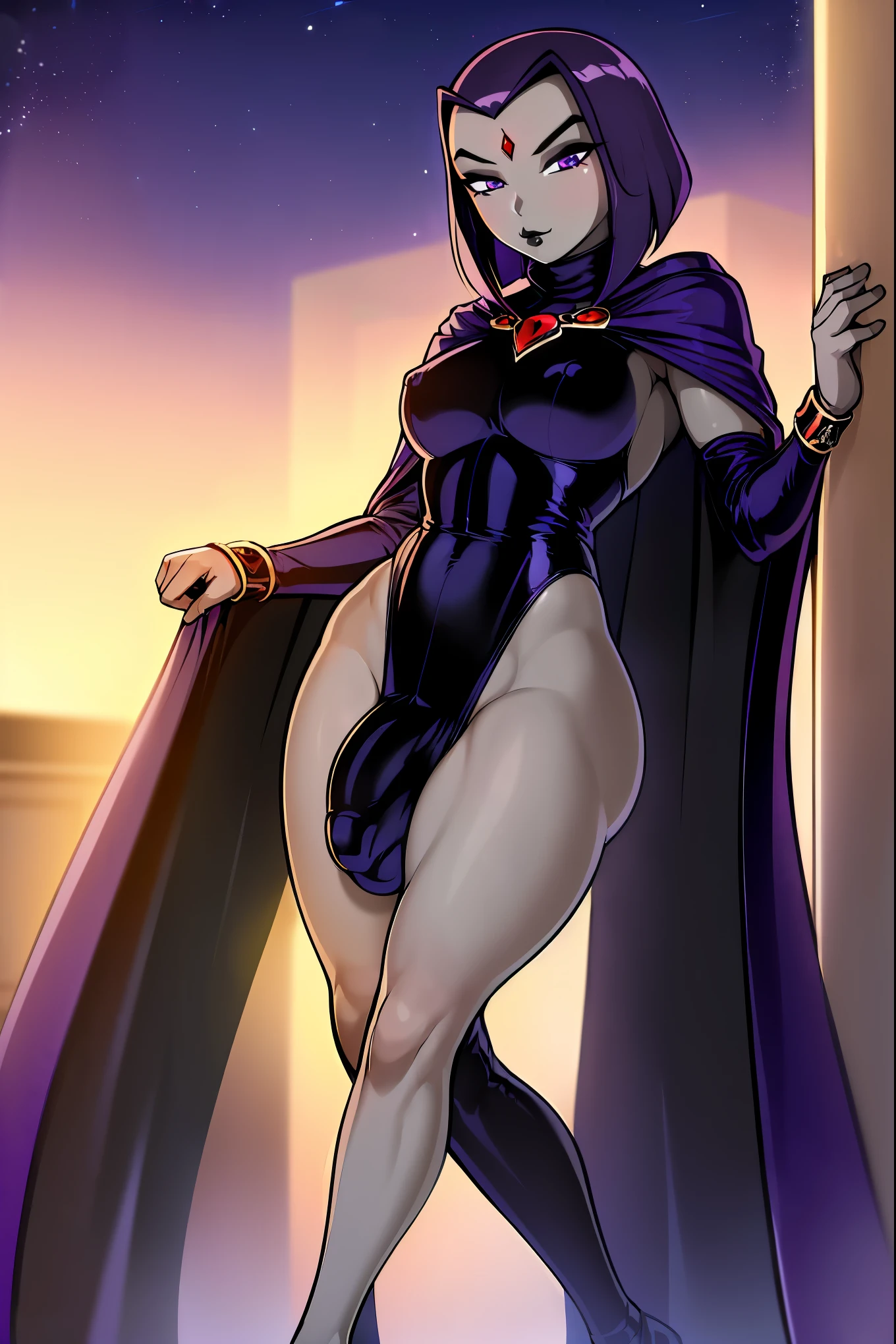 (solo:1.1),(masterpiece), (best quality:1.3), ultra detailed, intricate, professional art, digital art, absurdres, shadraven, (Full body view:1.1), 1girl, solo, (grey skin:1.4), dark purple hair, bob hair, purple eyes, hips wider than shoulders, pear shaped body, jewellery, detailed thighs, thick thighs, red jewel in forehead, jewels, (long sleeved turtleneck leotard:1.3), cuffs, small breasts, (shadraven cloak), (Shadraven broach:1.2), Shadraven jewel belt, Shadraven wearing a long sleeved leotard outside at night, long legs, ( long crotch bulge:1.4), large penis, large testicles, erection under clothes, side angle view, looking at viewer, bubble butt , gluteal crease, universal lighting,,
