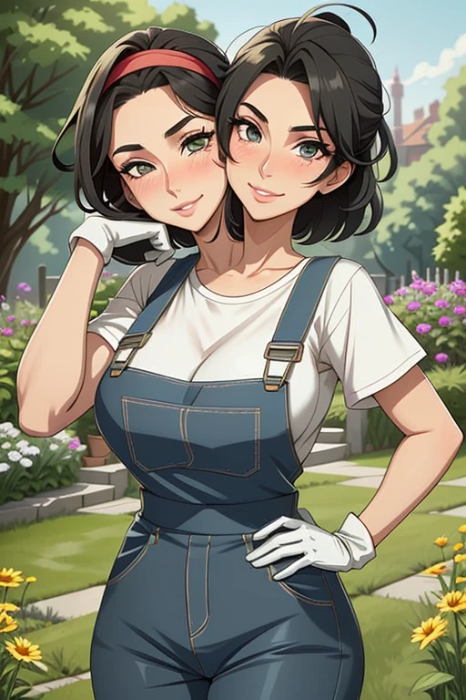 2heads, a tall thin woman with two heads. She is outside in a garden, she is gardening. She is very tall. She is very skinny. She has short black hair in a bun. She looks mature. She has very thick full lips. She is wearing overalls with a colorful T-shirt underneath, and gardening gloves. She is wearing a bandana on her head. She is smiling. She is blushing. She looks sweaty and tired. Mature, milf. Flirty, flirtatious expression, flirty pose.