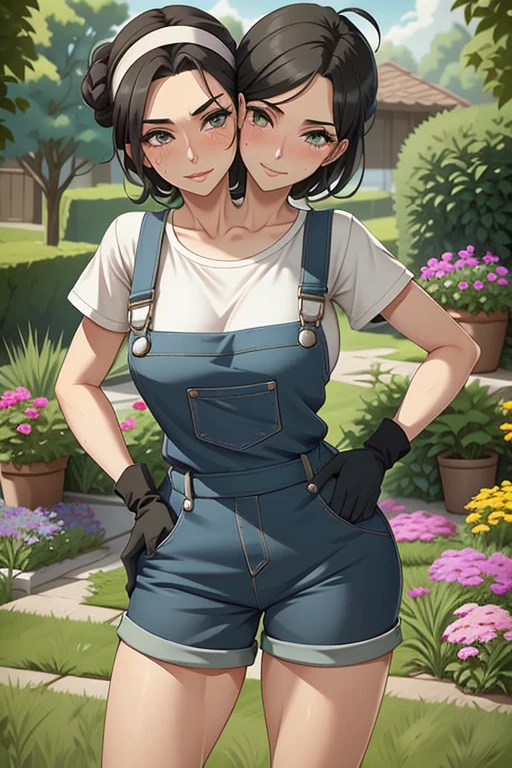 2heads, a tall thin woman with two heads. She is outside in a garden, she is gardening. She is very tall. She is very skinny. She has short black hair in a bun. She looks mature. She has very thick full lips. She is wearing overalls with a colorful T-shirt underneath, and gardening gloves. She is wearing a bandana on her head. She is smiling. She is blushing. She looks sweaty and tired. Mature, milf. Flirty, flirtatious expression, flirty pose.