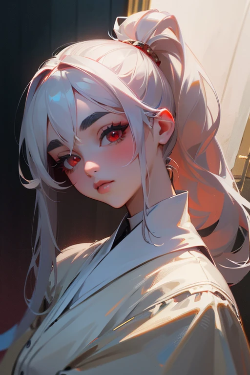(highest quality, masterpiece:1.2), High resolution, Very detailed, Realistic:1.37, Fantasy, An illustration, Hair is whiteいです、Red eyes、Queen, White Wedding Dress、Platinum decoration、beautifully、Eyeshadow Red、Thick eyebrows、Long eyelashes、pupils are black、Hair is whiteい、Kissing Face、Embarrassing、Loved、ponytail、Hair is white、