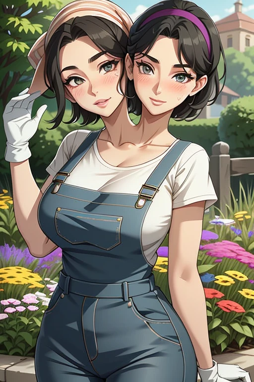 2heads, a tall thin woman with two heads. She is outside in a garden, she is gardening. She has big breasts. She is very tall. She is very skinny. She has short black hair in a bun. She looks mature. She has very thick full lips. She is wearing overalls with a yellow T-shirt underneath, and gardening gloves. She is wearing a bandana on her head. She is smiling. She is blushing. She looks sweaty and tired. Mature, milf.