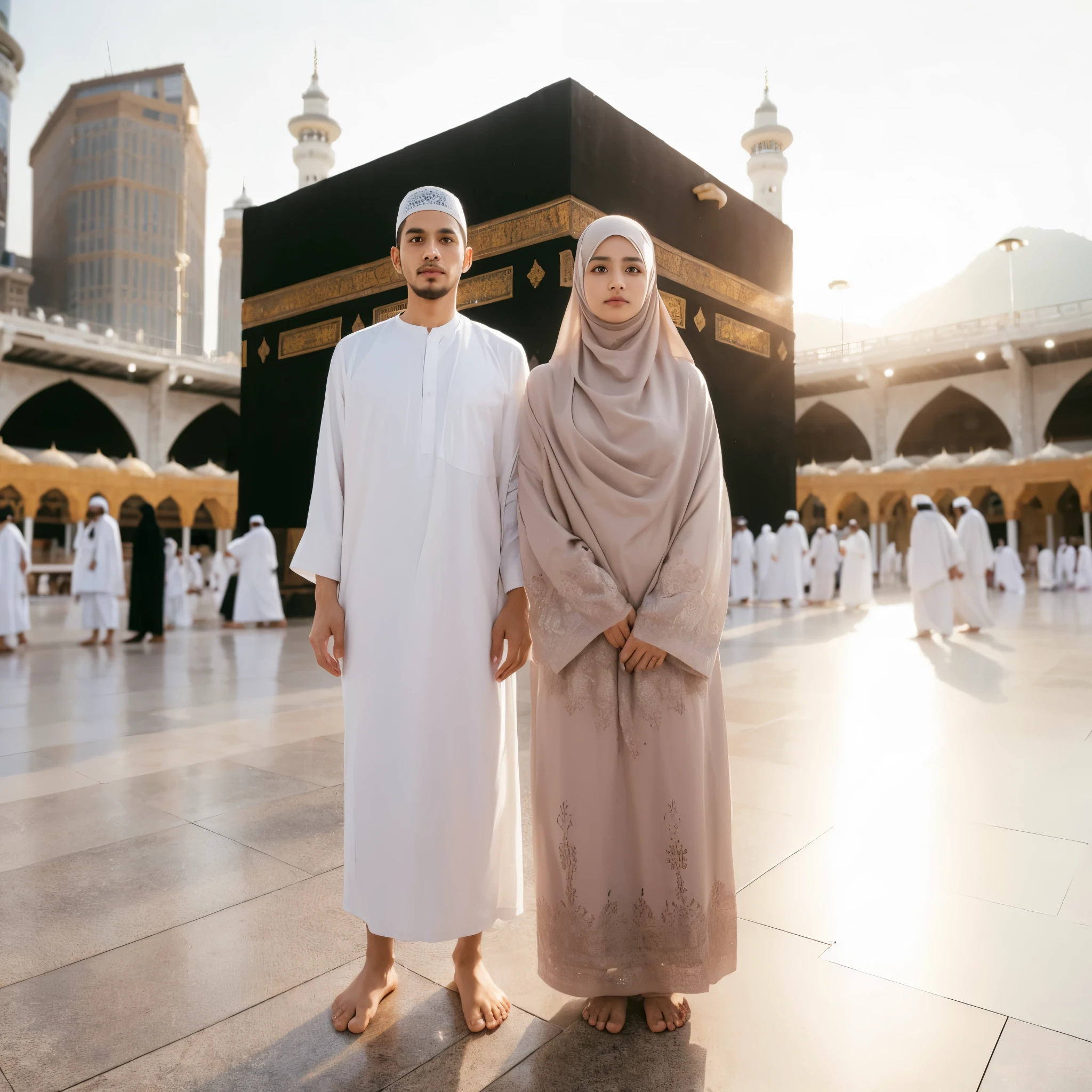 Photo of the entire body of a Muslim man and Muslim woman from Indonesia "30 years old, wearing ihram clothes, barefoot, with a faint smile", soft natural lighting,--ar 23:32 --natural style, with the Ka'bah in the distance, ultra wide shoot, front-facing photo, ultra realistic, UHD, 16K 