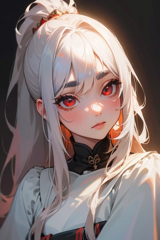 (highest quality, masterpiece:1.2), High resolution, Very detailed, Realistic:1.37, Fantasy, An illustration, Hair is whiteいです、Red eyes、Queen, White weathering dress、Platinum decoration、beautifully、Eyeshadow Red、Thick eyebrows、Long eyelashes、pupils are black、Hair is whiteい、Kissing Face、Embarrassing、Loved、ponytail、Hair is white、