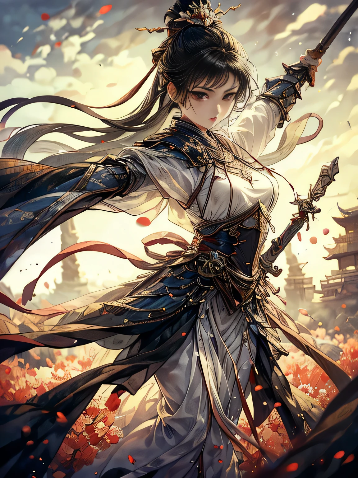 (8k, highest quality, masterpiece)，(Realistic, RAW Photos, Super Fine Clear), Realistic Light, Detailed skin, (1 beautiful girl with slim body, Age 25, knight:1.5), Thin legs, fine grain, Long white hair, Detailed fingers, thin, Sexual, Expressions of ecstasy, Super big , A firm bust that sways violently, The chest of the armor is wide open., Exposing the breasts, (Crimson armor), (peach, peach garden, Flower Storm), Lakeside palace