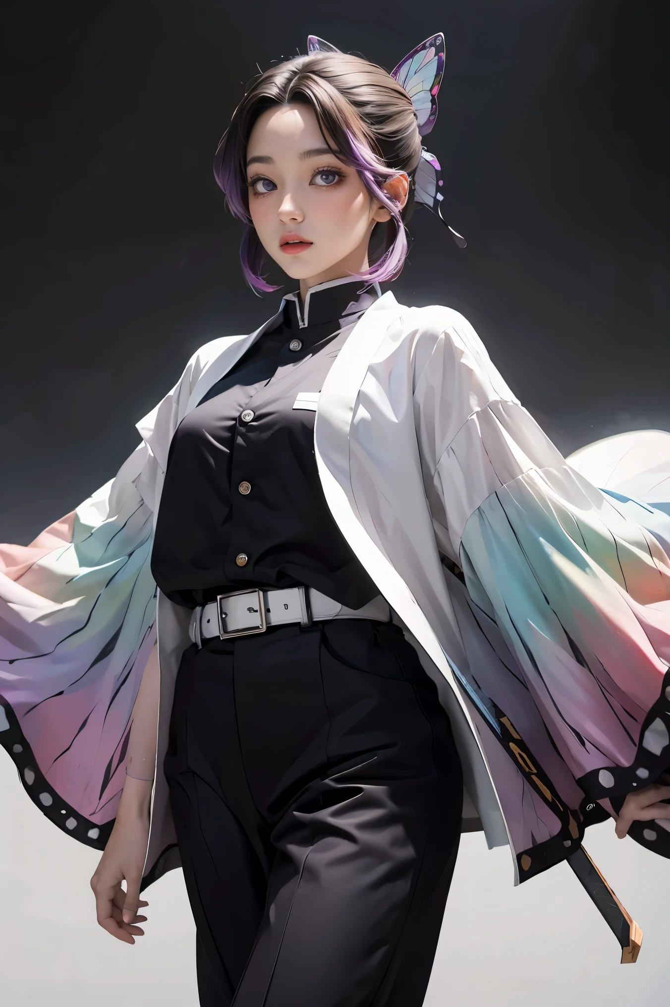 masterpiece, best quality, highres, 1girl, solo, kochou shinobu, butterfly hair ornament, purple eyes, multicolored hair, short hair, parted bangs, haori, wide sleeves, long sleeves, black pants, black jacket, belt, cowboy shot, holding weapon, sword