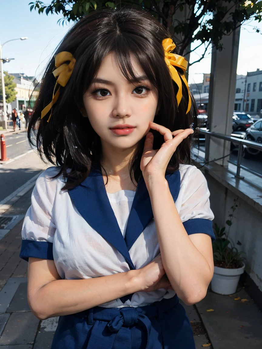 (1 lady), (Best quality at best:1.4), (ultra - detailed), (extremely detailed CG unified 16k), A Beautiful Woman with Perfect Figure: 1.4, Sharp Focus: 1.2, very detailed, High-definition RAW color photo, professional photoshooting, amazing face and eyes, cosmetics, (amazingly beautiful girl), ((suzumiya haruhi)), ((kita high sch0ol uniform, blue sailor collar, blue skirt, armband, hairband, medium hair, ribbon, socks)), standing posture, (look from down), realistic cinematic face, head to feet long wide zoomed out view, full body long view, photorealistic, ((realistic natural caramel brown hair style, brown eyes)), gorgeous, extremely beautiful face, perfect model beauty, pout mouth, Highly Detailed Face and Skin Texture, Detailed Eyes, Double Eyelids, Medium Breasts, joy expression, joyful face, cleavages, western, (masterpiece), best quality, high resolution, extremely detailed, depth of field, cinematic lighting, amazing legs, high heels, clear and well-cared skin, (background: nature, tree, park)