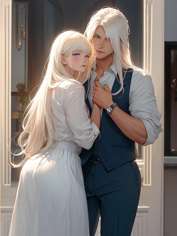 A tall, handsome, statuesque, masculine, athletic, young men-platinum blonde with long straight white hair, clear blue eyes, long bangs, he is dressed in a black shirt, the sleeves of which are rolled up to the elbow, and classic black trousers, he hugs an incredibly beautiful femme fatale young woman with long golden hair, long bangs, she has blue eyes, she is dressed in a yellow dress. Masterpiece, perfect image, realistic pictures, detailed face study, full-length image, 8k, detailed image. an extremely detailed illustration, a real masterpiece of the highest quality, with careful drawing.