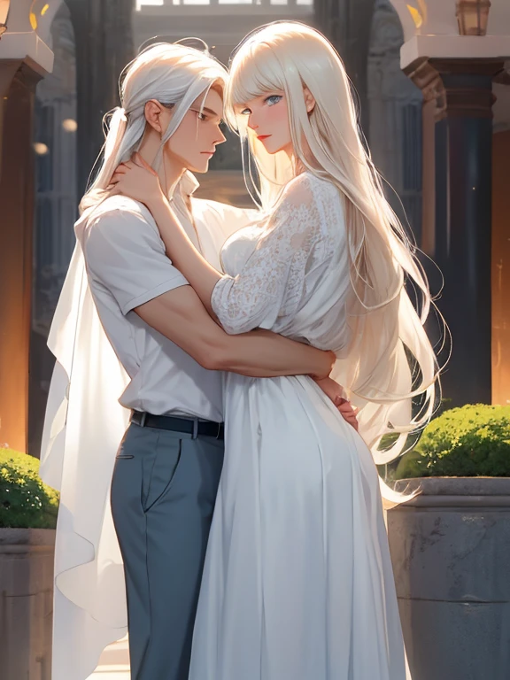 Early morning, sunrise, light breeze, on the balcony of a luxury hotel there is an Incredibly beautiful young femme fatale blonde with blue eyes, long golden hair, she is wearing a beautiful silk lace negligee, a romantic image, she is hugged by a tall statuesque manly young man-platinum blonde, he has tanned skin, blue eyes, long straight hair platinum hair, he's wearing only light trousers. They are in love with each other. Sunrise. the ocean breeze. Masterpiece, beautiful face, beautiful facial features, perfect image, realistic photos, full-length image, 8k, detailed image, extremely detailed illustration, a real masterpiece of the highest quality, with careful drawing. glow. In full growth.