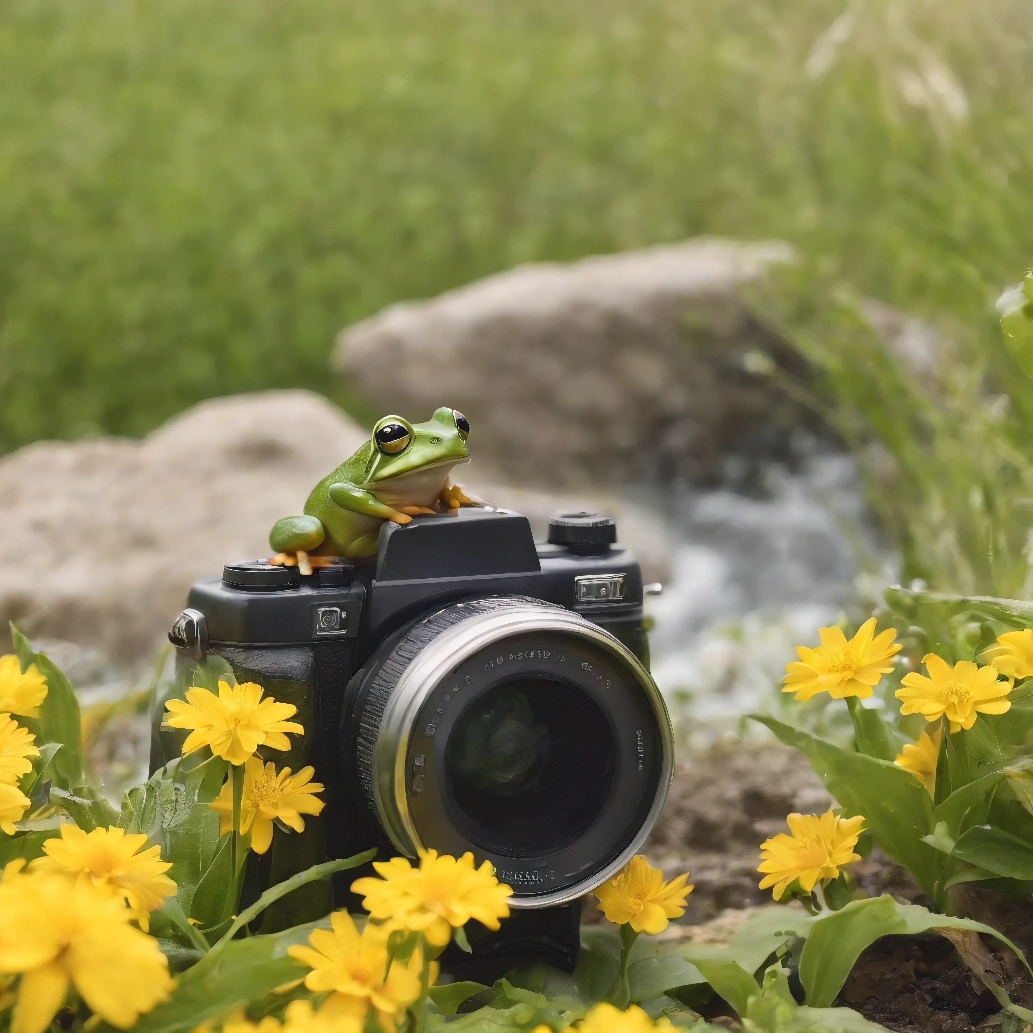 watercolor drawing, frog photographer, A beautiful green frog with four on a huge stone next to a large camera lies on a flower meadow in the morning sky with splashes of glowing water.,Magnetic storms, early morning, glowing sky, green frog on a huge stone with a camera lying nearby, Jean-Baptiste Monge, anthropomorphic --ar 2:3 --testp - optimistic; macro photography