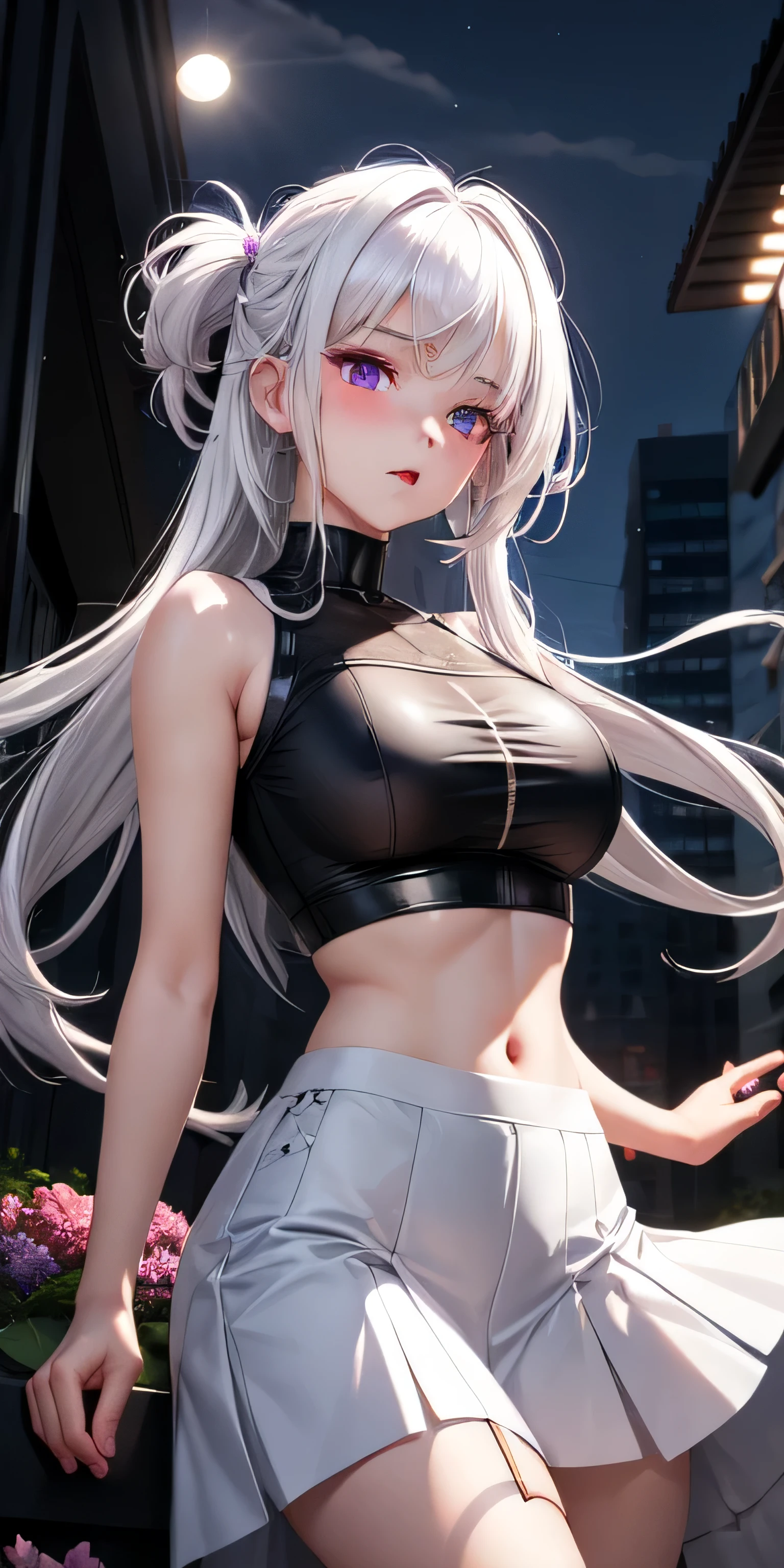 Practical, 1 Girl, white hair, Purple Eyes, Glowing eyes, crop top, skirt, Open your mouth, blush, night, Flowers, sun, sunlight,