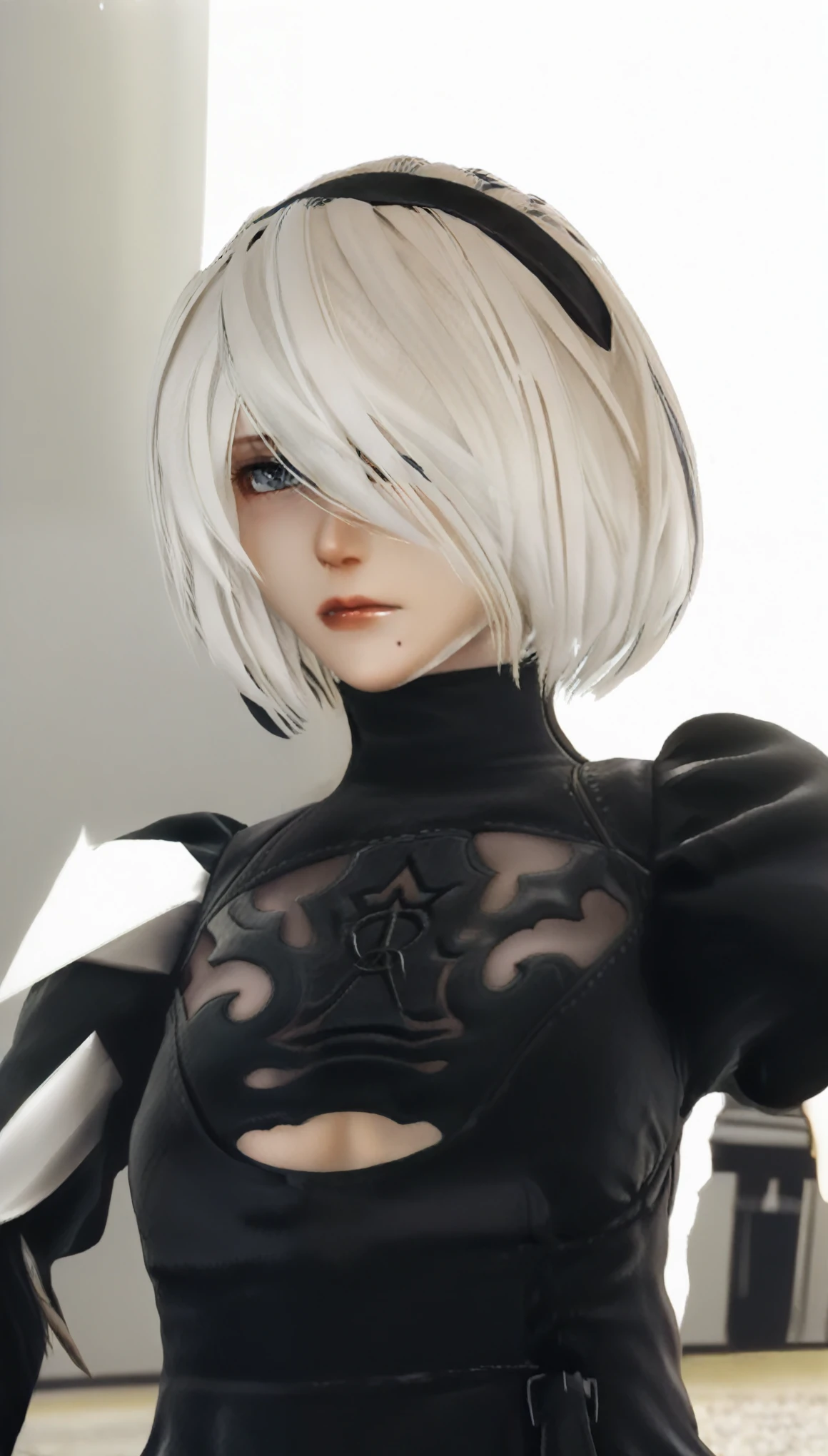 RealのSelfie、nier:Beautiful cosplay of 2B from Automata、2B takes a selfie、2Bのコスプレをした女性のSelfie、White skin、tall、Great style、Big Breasts、Small face、Small head、High nose、Beautiful Face、30 years old、British women、Half British、nier:2B&#39;s black costume from Automata、Wearing a black blindfold、Stylish background、Light background、Blur the background、Fantasyな都市を背景に、peace sign、((2BのSelfie))、((Focus Zoom))、((Face Enhancement))、Shooting from a diagonal angle、masterpiece、highest quality、high resolution、コスプレイヤーのSelfie、Selfie、Professional Photoodel、Fantasy、Glaring at the audience、Angry expression、Cosplay Makeup、Real Cosplay Photo、Cool and beautiful photos、Wrapped in a pale white glow、good looking