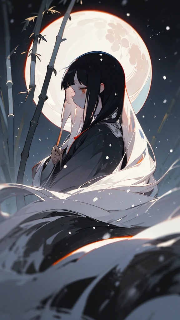 (masterpiece、highest quality)、Warm lighting、 Blurred foreground、Deep in the night、High Contrast,it&#39;s snowing,Black night,full moon,universe,planet,Moon and Earth,Ruined World,Very long white hair,Princess Kaguya,There is a lot of bamboo growing