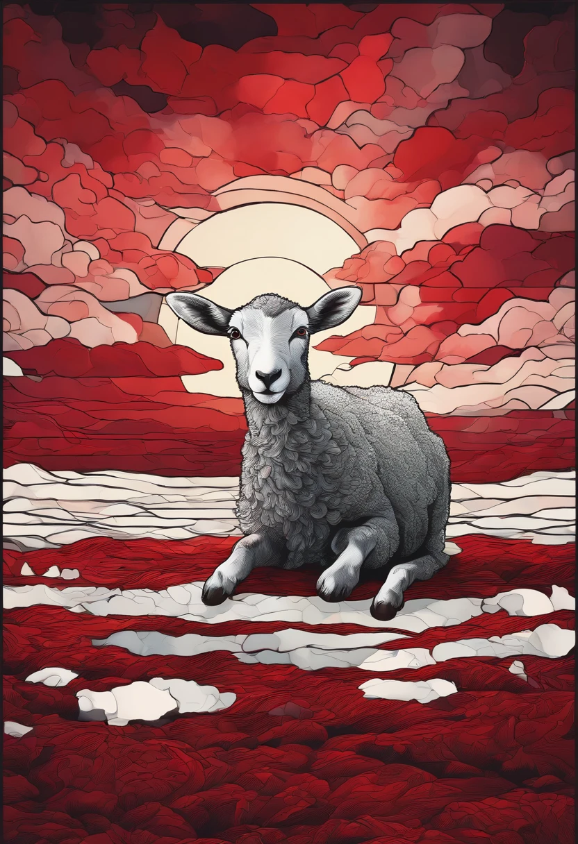 (best quality,4k,8k,highres,masterpiece:1.2),ultra-detailed,(realistic,photorealistic,photo-realistic:1.37), overwhelming scene, bleeding hornless lamb, lying on the floor,bloodstained surroundings,distressed lamb, vivid red blood,horror, dark atmosphere, eerie lighting, somber colors, detailed texture of lamb's bleeding fur, ominous clouds, eerie silence, dramatic shadows, haunting background, despair and tragedy,dark red gradient to bottom, lightening to glorious light on top