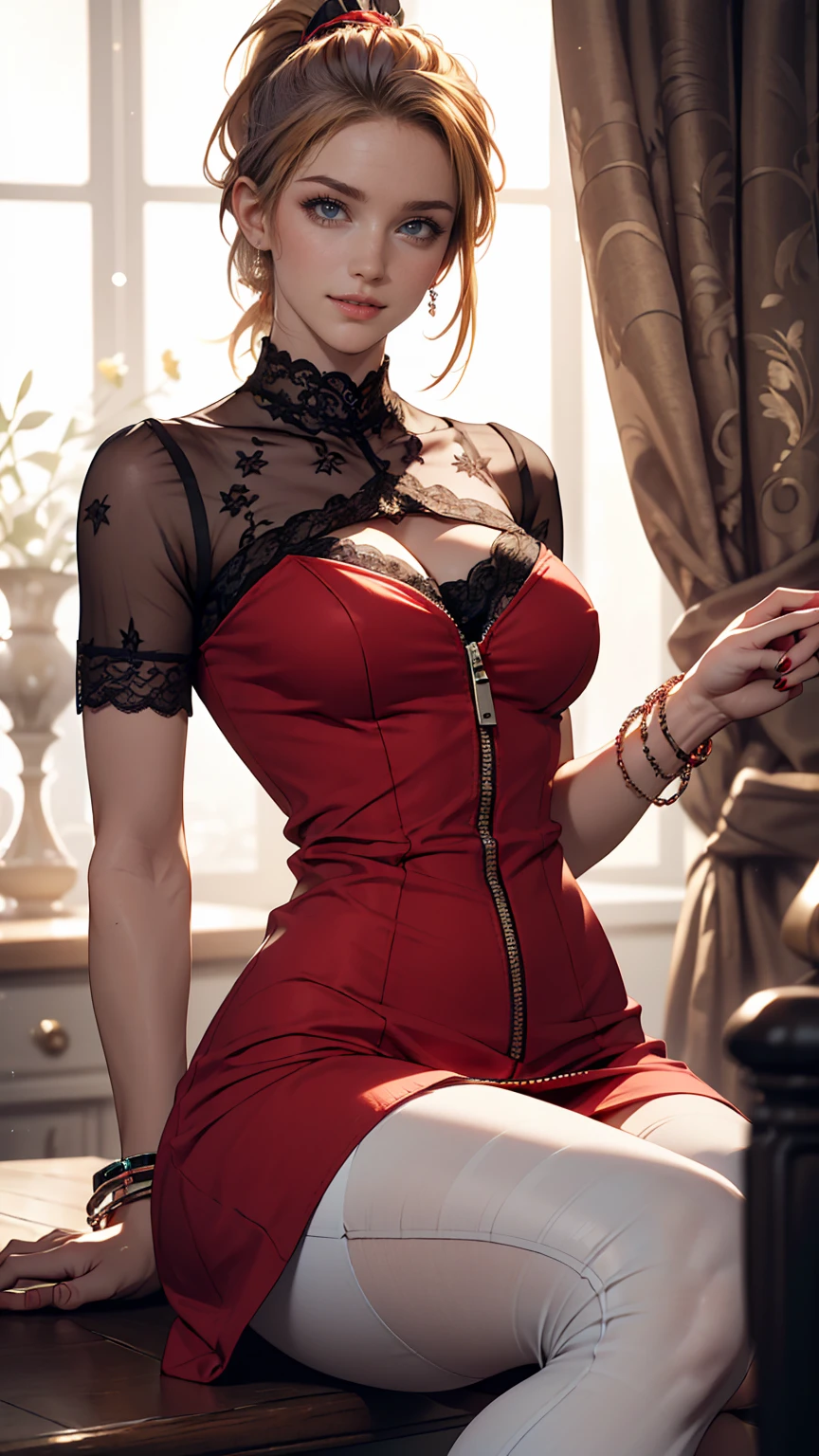 a girl in a garden, oil painting, detailed lace dress, beautiful leather boots, seductive look, wind blowing through her hair, vibrant colors, soft lighting, medium:portrait, (best quality,highres), sensual atmosphere, elegant and alluring
