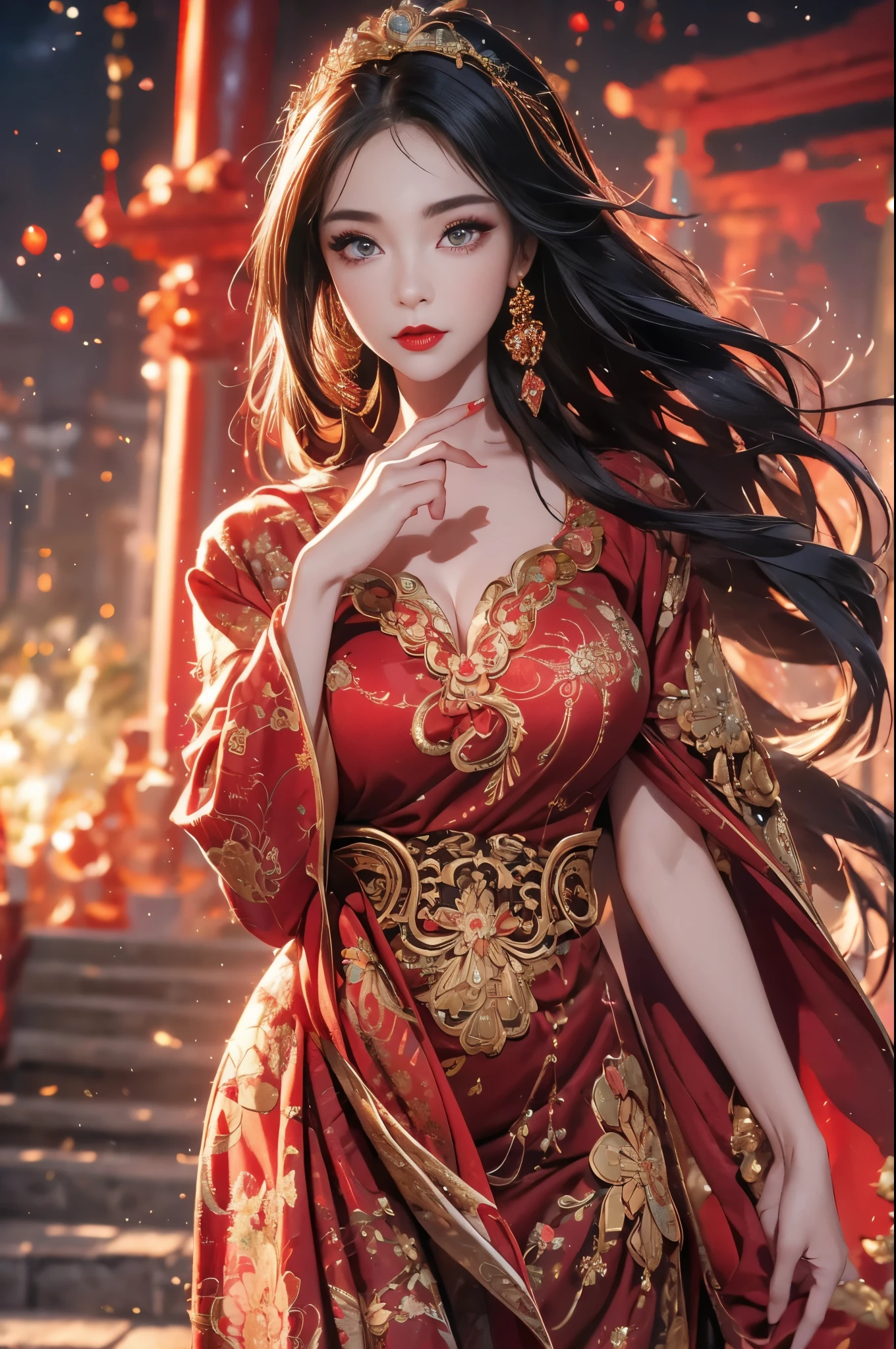 1 female，45 years old，center， She has long black hair，Red lips，Perfect thighs，looking at camera，stand up，night，ancient temple，From the front， curls， Gloomy sky，（（（masterpiece），（Highly detailed CG Unity 8k wallpaper），best quality，Movie Lighting，Detailed background，Beautiful right eye pupil，（Very delicate and beautiful），（Beautiful and detailed description of the eyes），Extremely detailed，masterpiece，）），high resolution，Extremely detailed），queen of china（apparel：，Gold wire embroidery，Red cheongsam，Lace，Red cape），