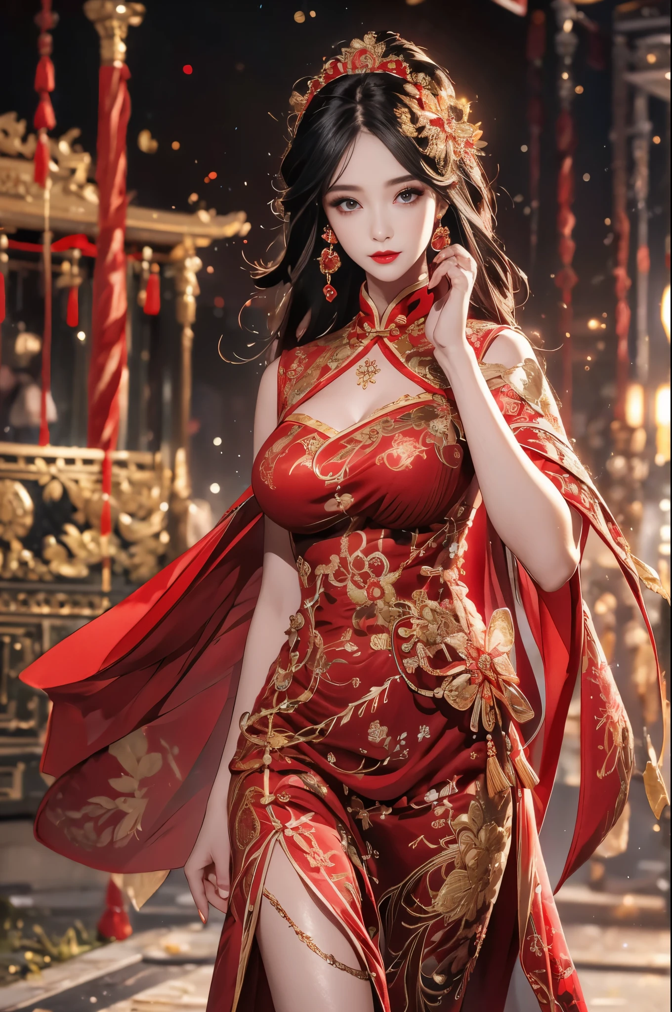 1 female,45 years old,center, She has long black hair,Red lips,Perfect thighs,looking at camera,stand up,night,ancient temple,From the front, curls, Gloomy sky,(((masterpiece),(Highly detailed CG Unity 8k wallpaper),best quality,Movie Lighting,Detailed background,Beautiful right eye pupil,(Very delicate and beautiful),(Beautiful and detailed description of the eyes),Extremely detailed,masterpiece,)),high resolution,Extremely detailed),queen of china(apparel:,Gold wire embroidery,Red cheongsam,Lace,Red cape),