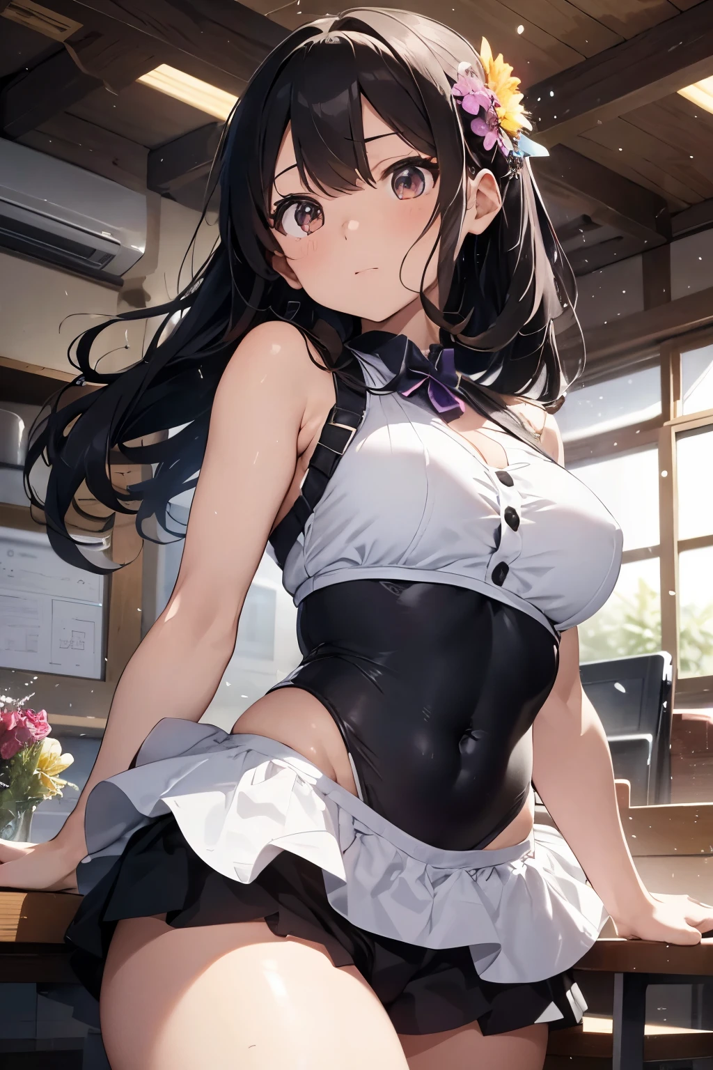 The nipples of the maid uniform are replaced with a micro bikini。The skirt is made of a transparent fabric.、The front of the skirt is particularly see-through.。No panties, no bra、Sticking a dildo in her pussy。