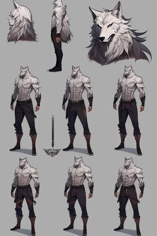 (Character design sheet, same character, Full body, frontage, lateral face, on back), humanoide animalistic, male, wild Wolf,