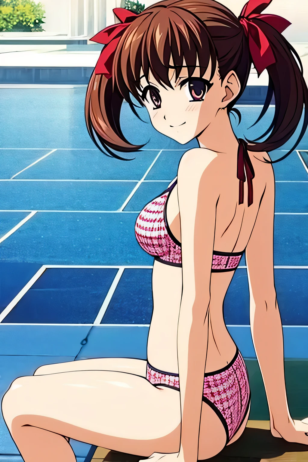 Visual Novel Game Portrait, Swimwear,bikini, Fukuzawa_Yumi, red_ribbon, length_sleeve, Brown_hair, Twin tails, close