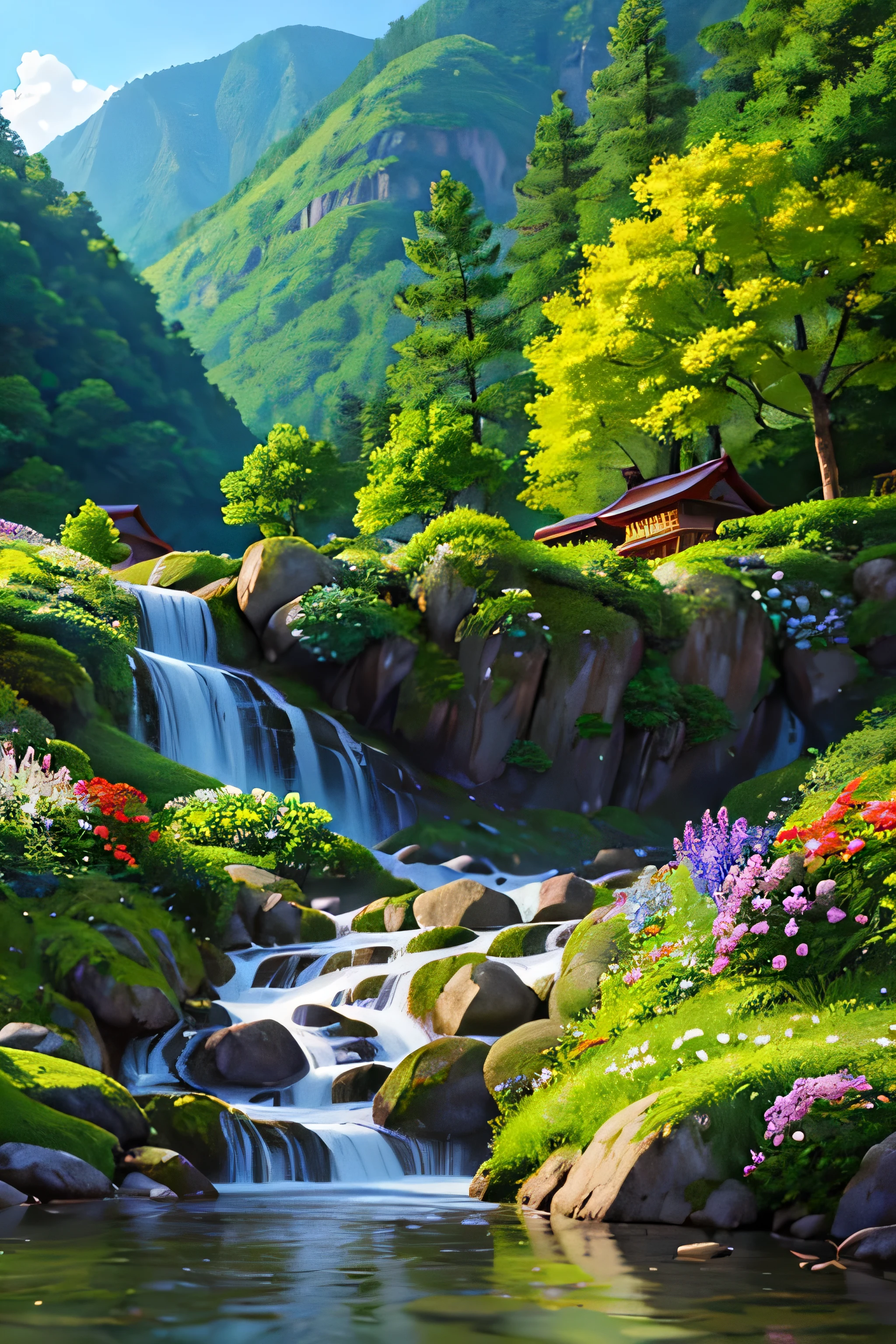 Mountain Road, Fir wood, Birch wood,  Flowers, landscape, Birds chirping, wood々Sunlight shining through, Breeze, Lush foliage, Sparkling water reflections, vibrant wildFlowers,  Dynamic brushwork, Mountain, Harmonious composition.