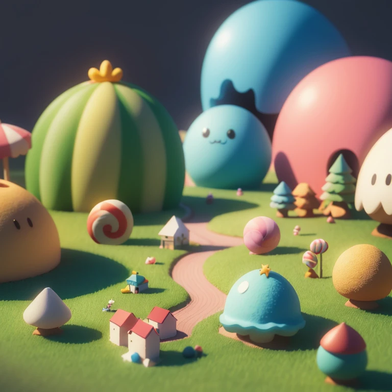 (cute world of candy, full size 3d candy land), highly detailed, super cute, superb lighting, volumetric, by Jon Klassen, Ghibli Studio style, Tilt - shift, 80mm lens, unreal engine, Large aperture, 3d, blender, masterpiece, super detail, best quality, --v6