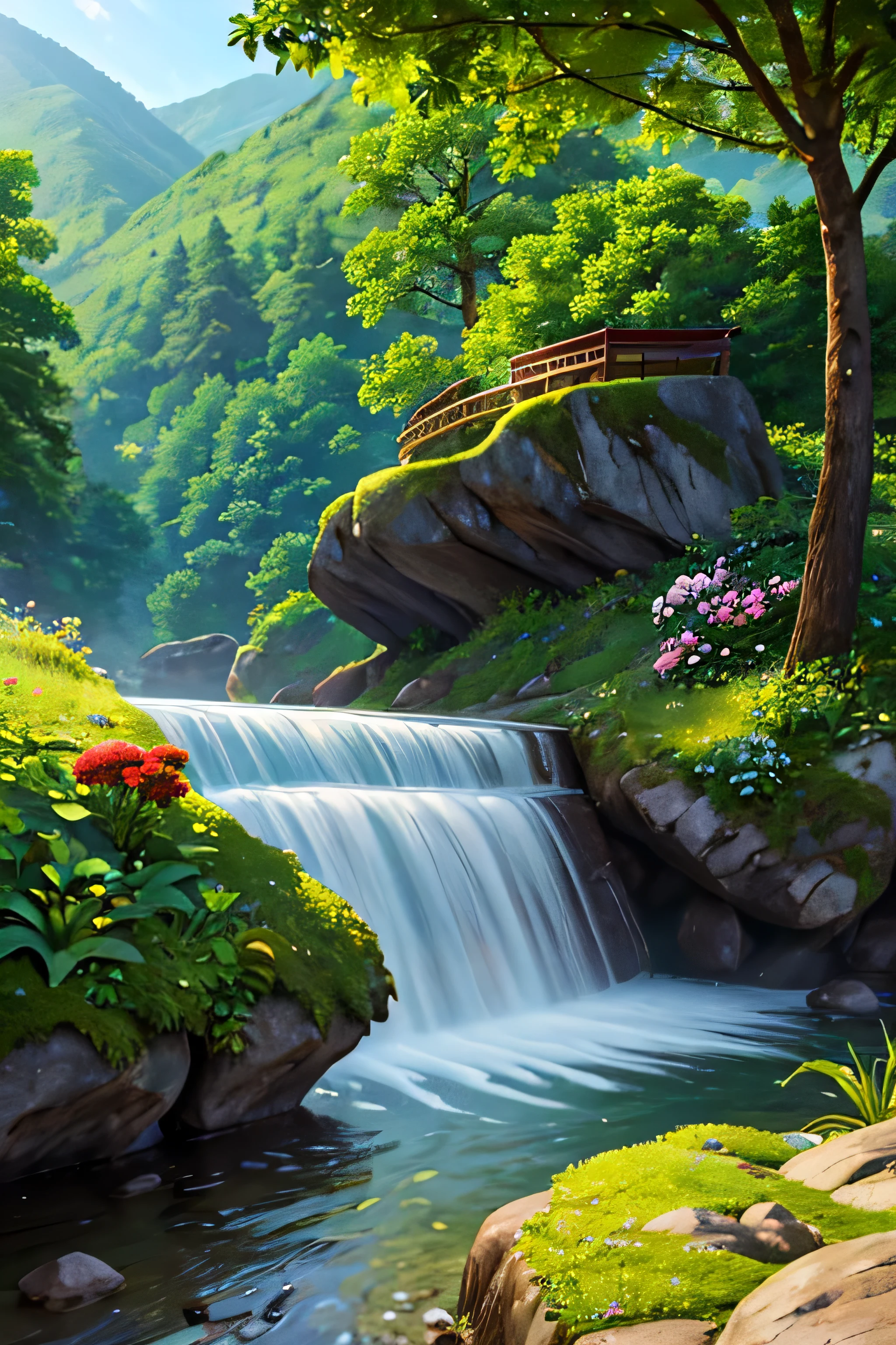 Mountain Road, Fir wood, Birch wood, Flowers, landscape, Birds chirping, wood々Sunlight shining through, Breeze, Lush foliage, Sparkling water reflections, vibrant wildFlowers, Dynamic brushwork, Mountain, Harmonious composition.