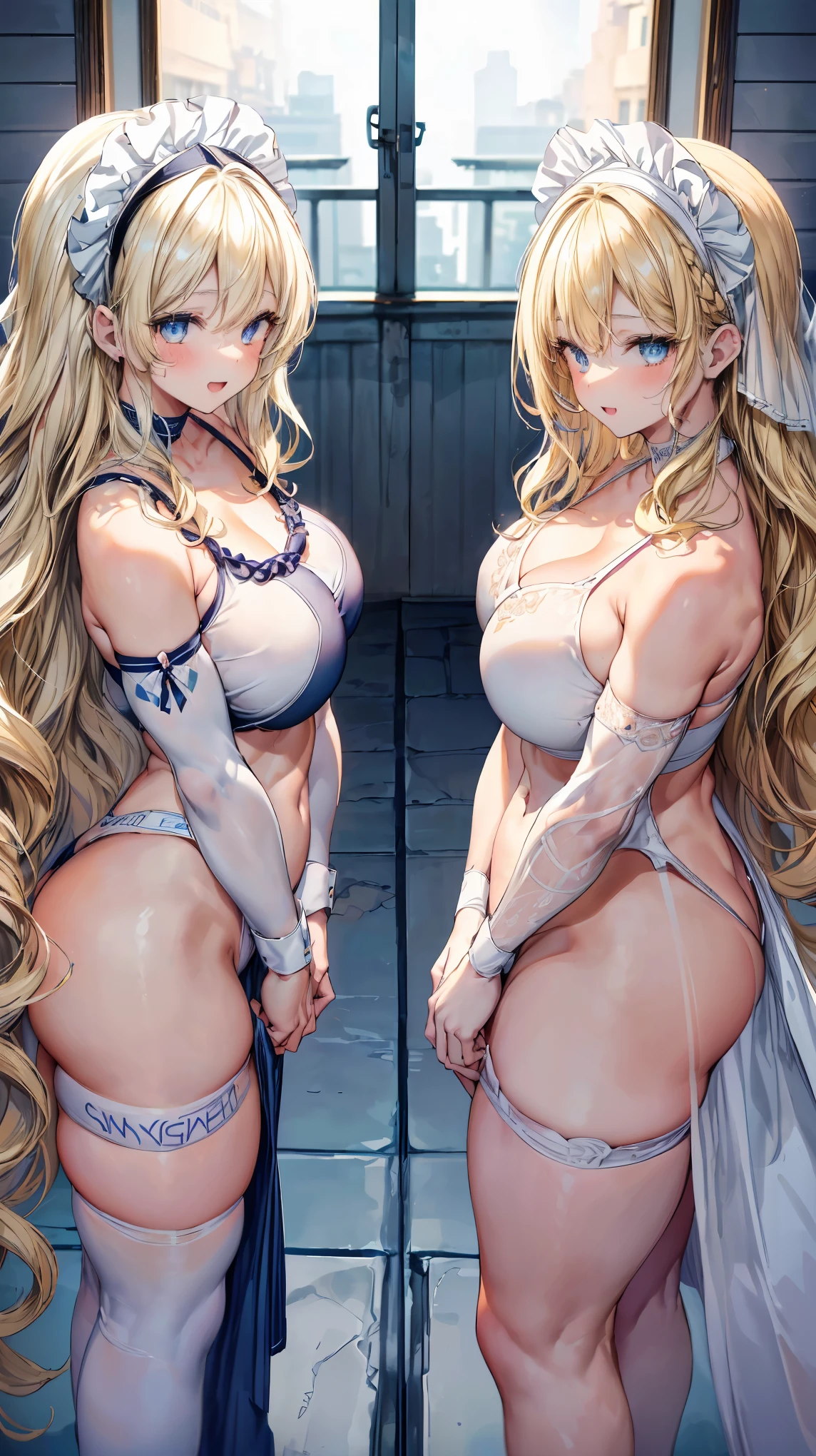 Super detailed、highest quality、Best image quality、masterpiece、8K、(two women lined up:1.5)、Anime Face、A kind smile、Open Mouth、Sparkling Blue Eyes、(Long blonde wavy hair:1.5)、Heavy bangs、Wearing a maid headband、(SFW huge body)、Cowboy Shot、(Wearing a white thong:1.5)、Muscles of the whole body、Knee-high socks